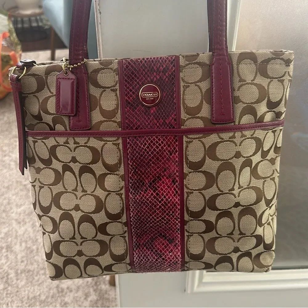 Coach Signature Python Raspberry Stripe Tote Bag